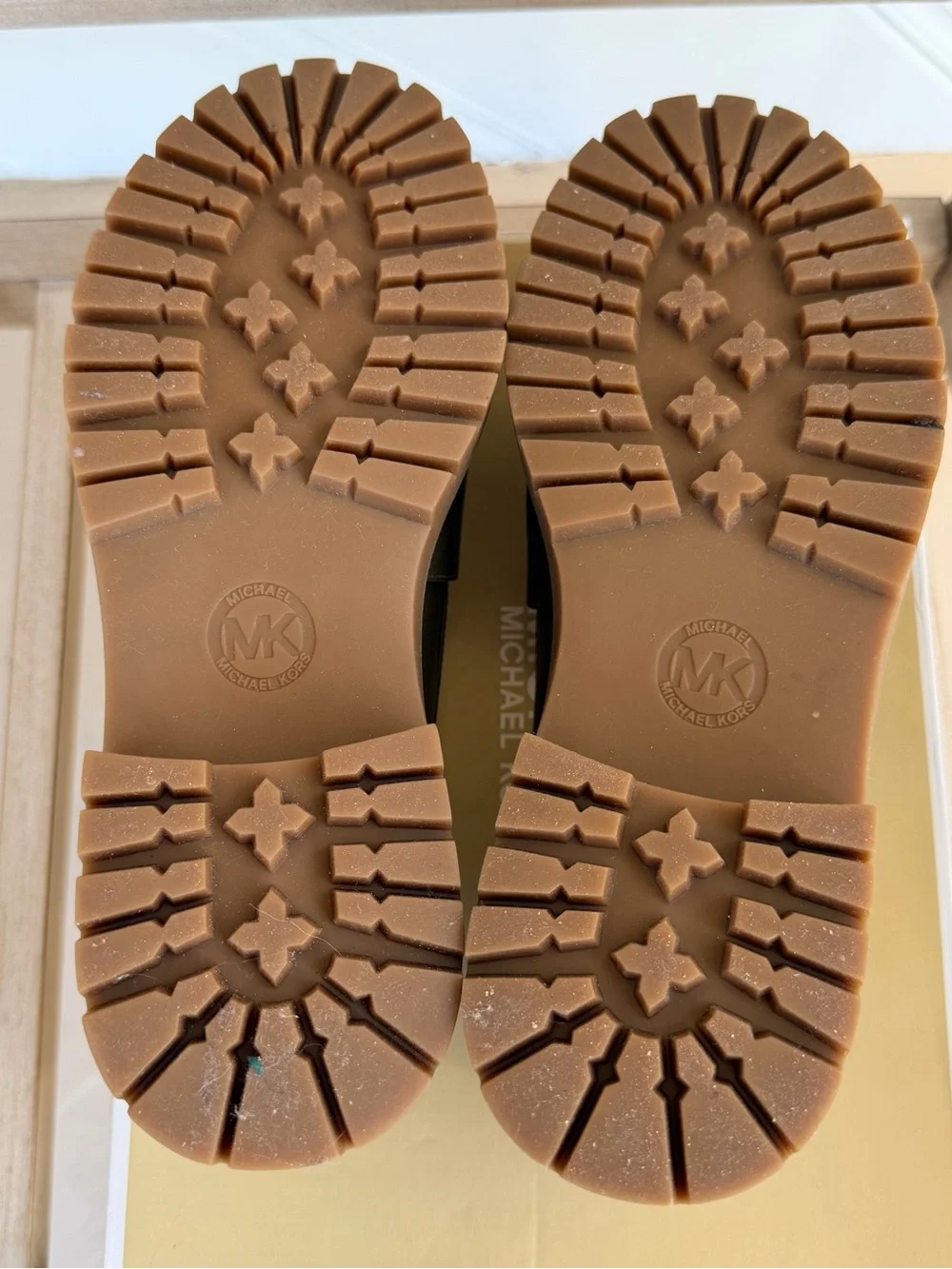 Michael Kors Parker Lug Loafers in Olive Leather with Gold MK Logo Hardware